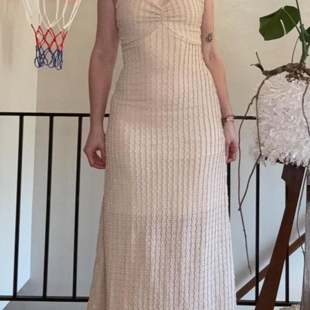 Jessica Simpson Neutral 3D Textured Geometric Rib Eyelet Maxi Dress - Small